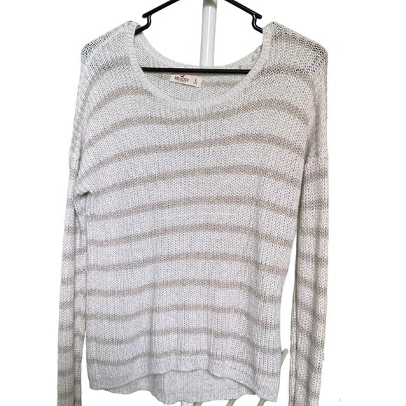 Hollister Women's White & Tan Vertical Stripe Cotton Blend Sweater Spring | Sz L - Picture 1 of 11